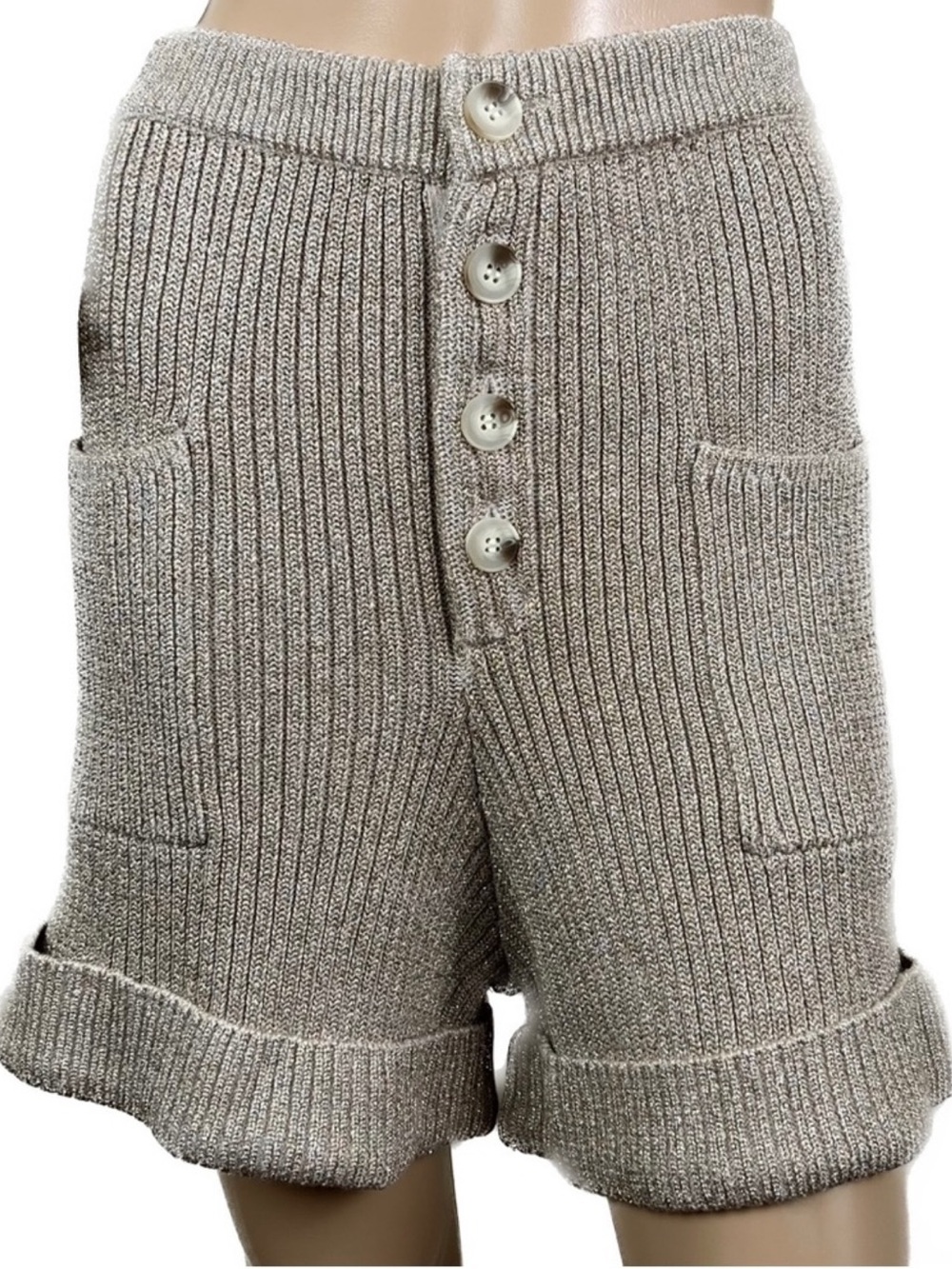 NEW SELF-PORTRAIT BEIGE LUREX KNIT SHORTS